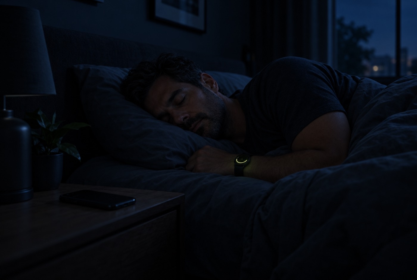 A man sleeping in a dark bedroom