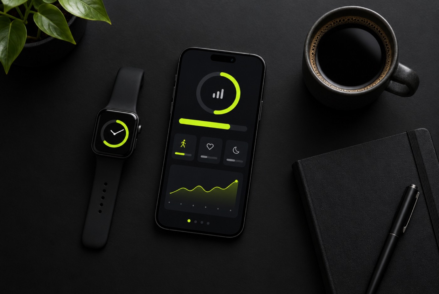 A phone, smartwatch and coffee on a dark desk